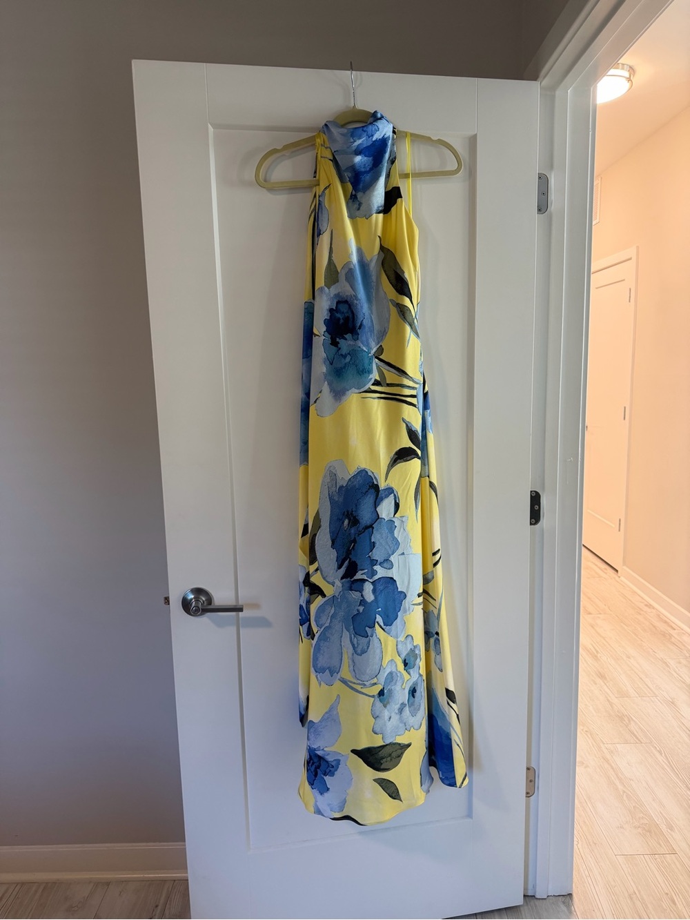 NWT Wedding guest dress Betsy & Adam Yellow Maxi Dress with Blue Floral Print